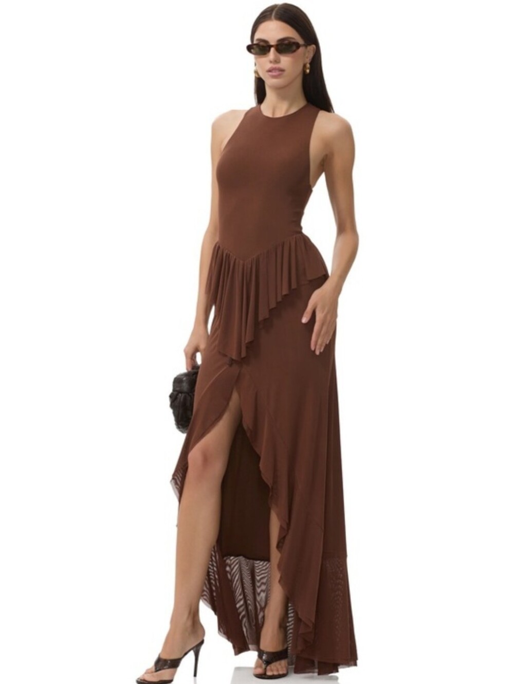 AFRM Chocolate Brown Drop Waist Ruffle Asymmetrical Maxi Dress S NWOT
